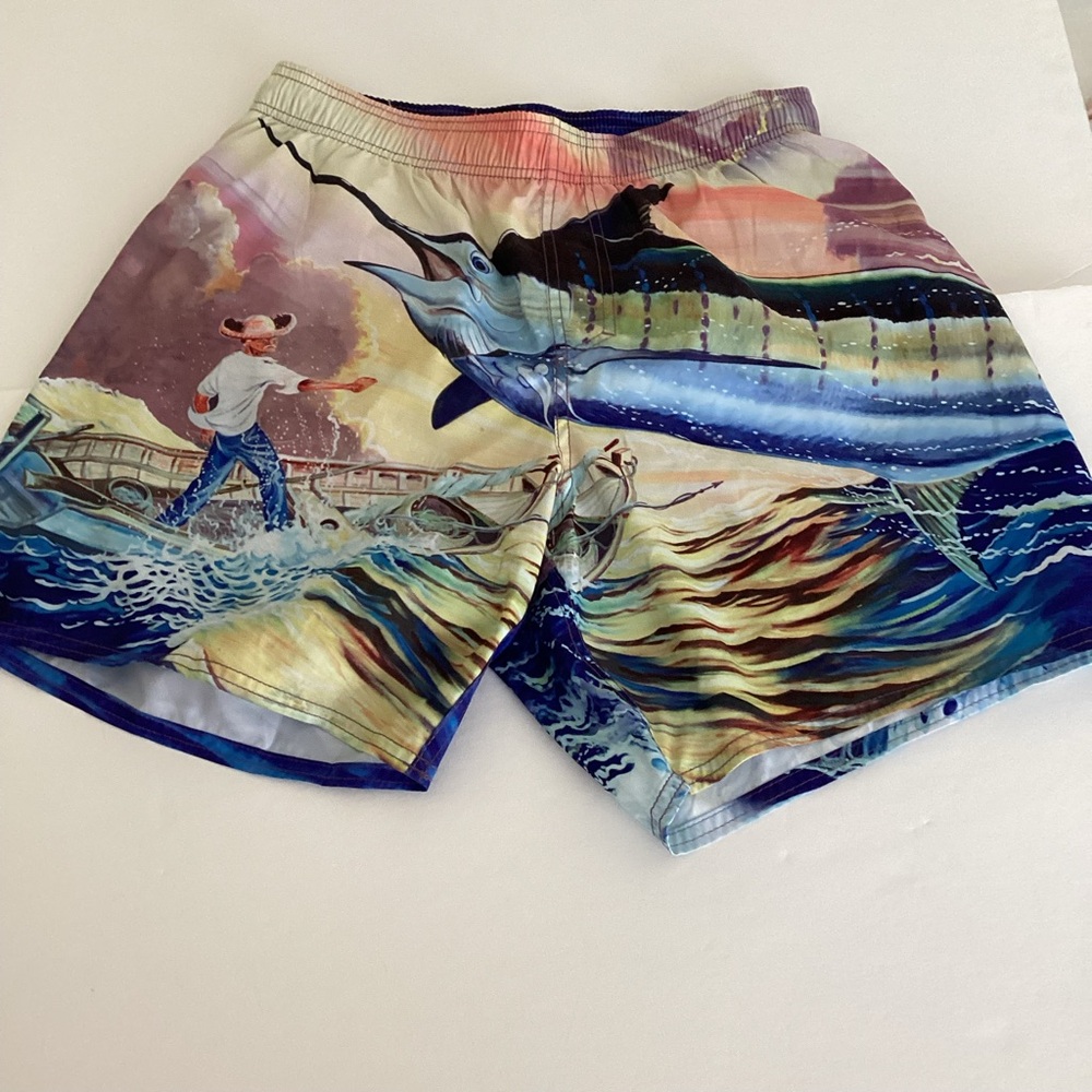 Guy Harvey Santigold Swim Trunks Men’s Size Medium Multi Color Old Man And Sea